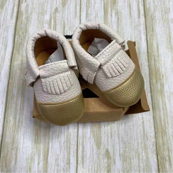 Sweet N Swag White & Gold Leather Fringe Baby Moccasins - Picture 2 of 6